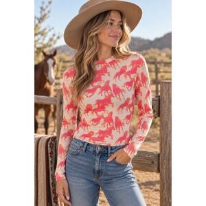Turquoise Haven Horse Print Mesh Top Slim Mock Neck Pink Western Festival Small